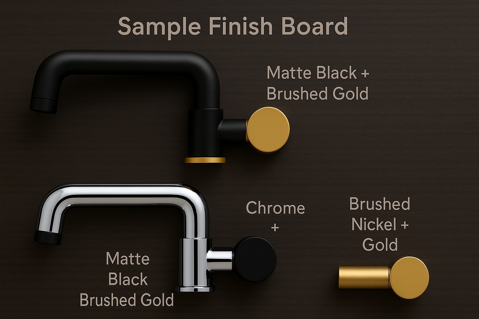 Finish board showing faucet finishes: matte black + brushed gold, chrome + matte black, brushed nickel + gold